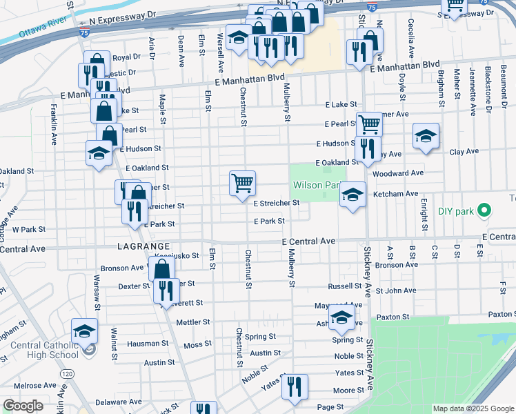 map of restaurants, bars, coffee shops, grocery stores, and more near 516 East Streicher Street in Toledo