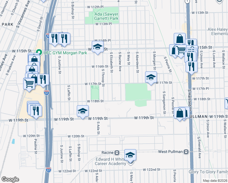 map of restaurants, bars, coffee shops, grocery stores, and more near 11727 South Elizabeth Street in Chicago