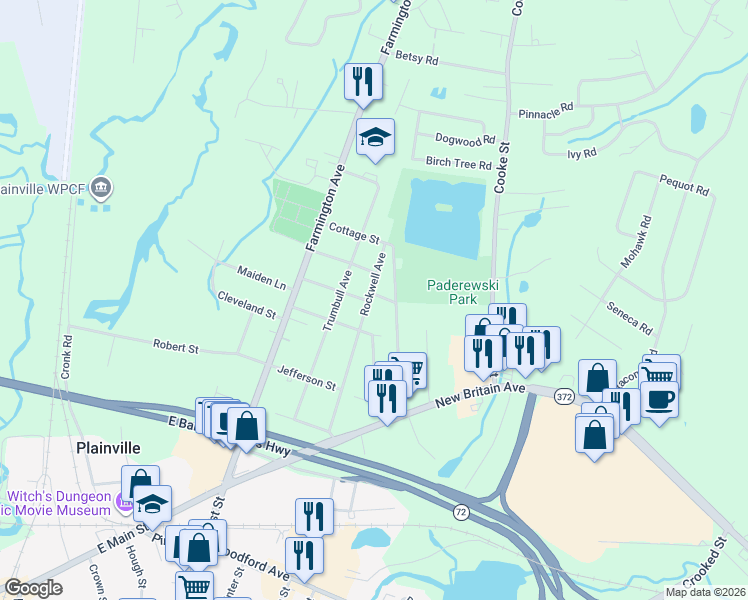 map of restaurants, bars, coffee shops, grocery stores, and more near 140 Rockwell Avenue in Plainville