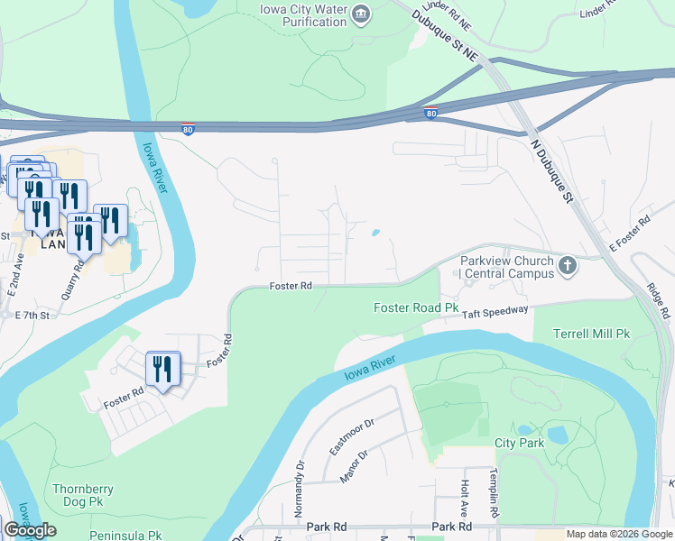 map of restaurants, bars, coffee shops, grocery stores, and more near 1722 Algonquin Road in Iowa City