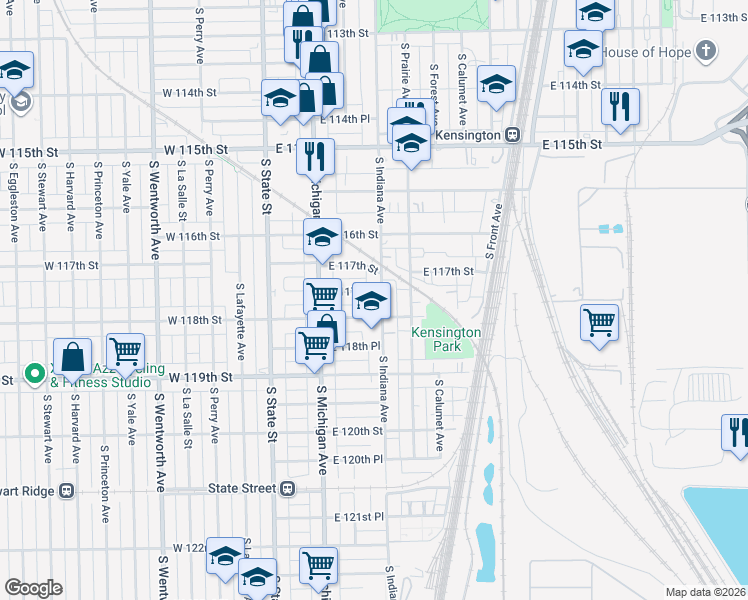map of restaurants, bars, coffee shops, grocery stores, and more near 11738 S Indiana Ave in Chicago
