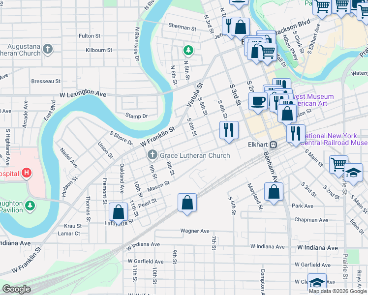 map of restaurants, bars, coffee shops, grocery stores, and more near 701 West Marion Street in Elkhart