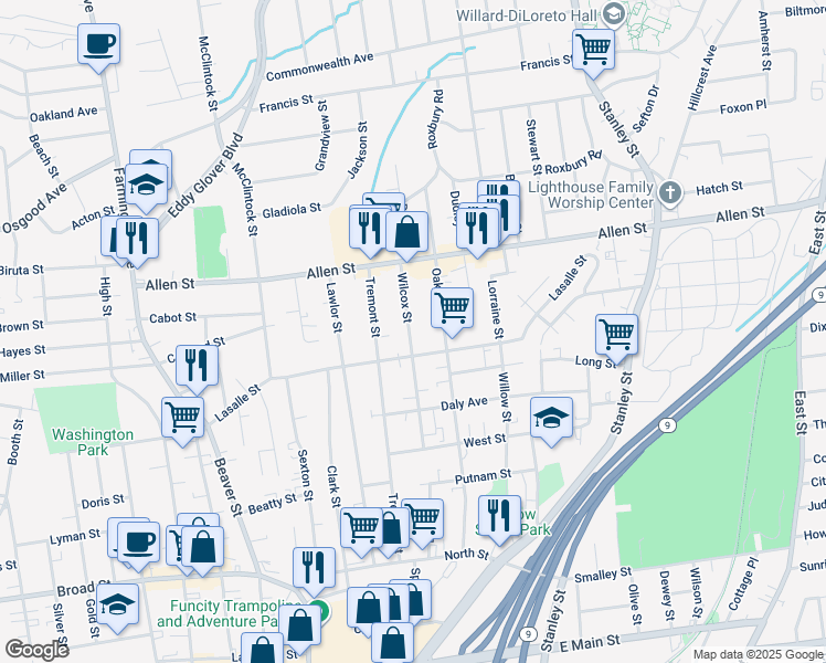 map of restaurants, bars, coffee shops, grocery stores, and more near 121 Wilcox Street in New Britain