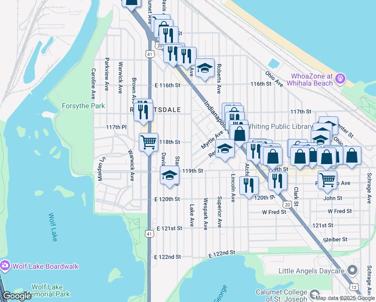 map of restaurants, bars, coffee shops, grocery stores, and more near 1816 Lake Avenue in Whiting