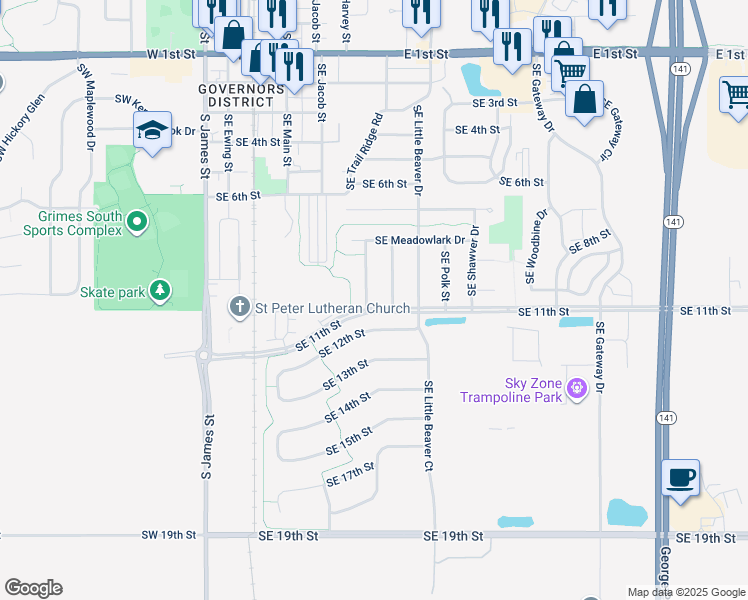 map of restaurants, bars, coffee shops, grocery stores, and more near 913 Southeast Trail Ridge Road in Grimes