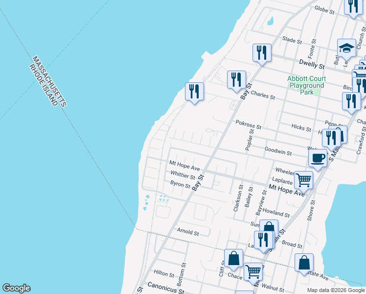 map of restaurants, bars, coffee shops, grocery stores, and more near 56 Moorland St in Fall River