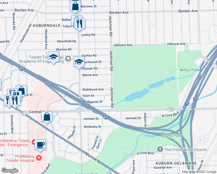 map of restaurants, bars, coffee shops, grocery stores, and more near 1702 Stahlwood Avenue in Toledo