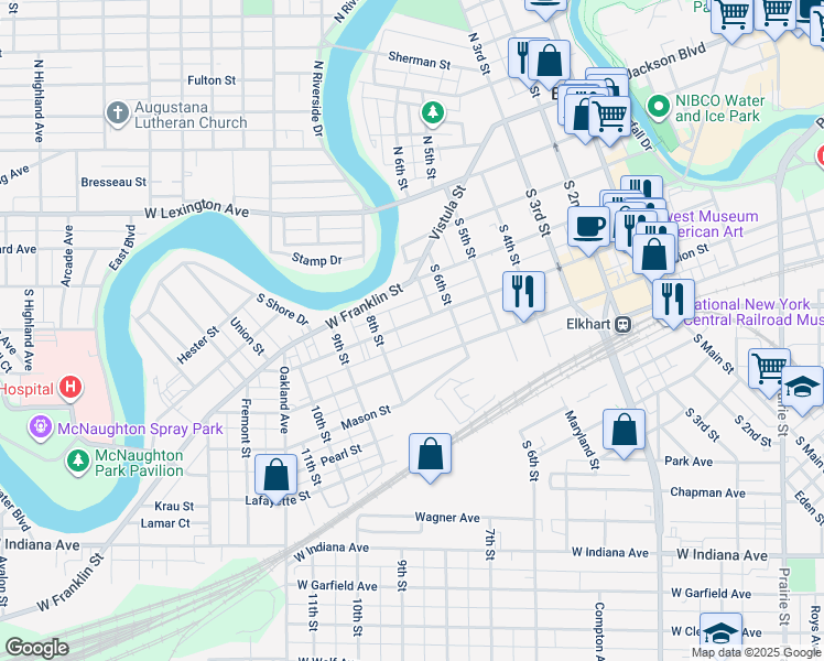 map of restaurants, bars, coffee shops, grocery stores, and more near 701 West Marion Street in Elkhart