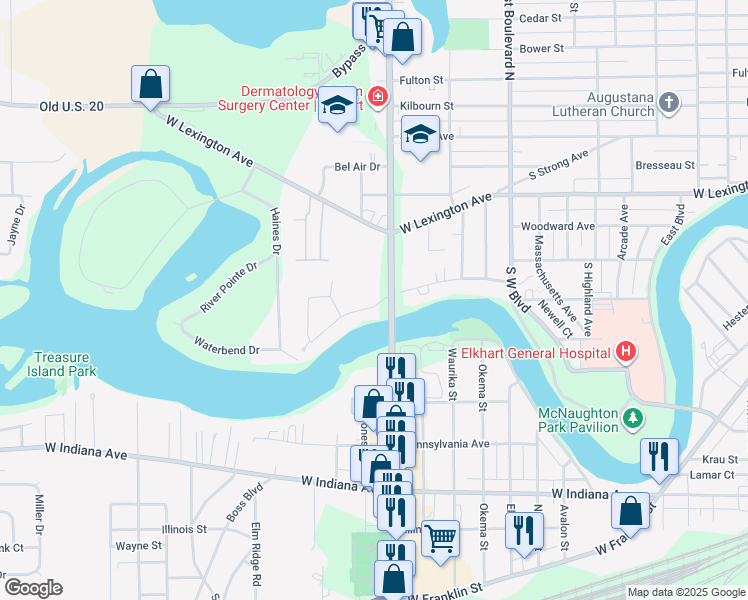 map of restaurants, bars, coffee shops, grocery stores, and more near 1816 Rainbow Bend Boulevard in Elkhart