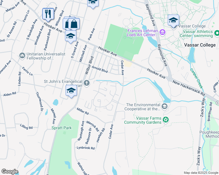 map of restaurants, bars, coffee shops, grocery stores, and more near 215 Falcon Court in Poughkeepsie