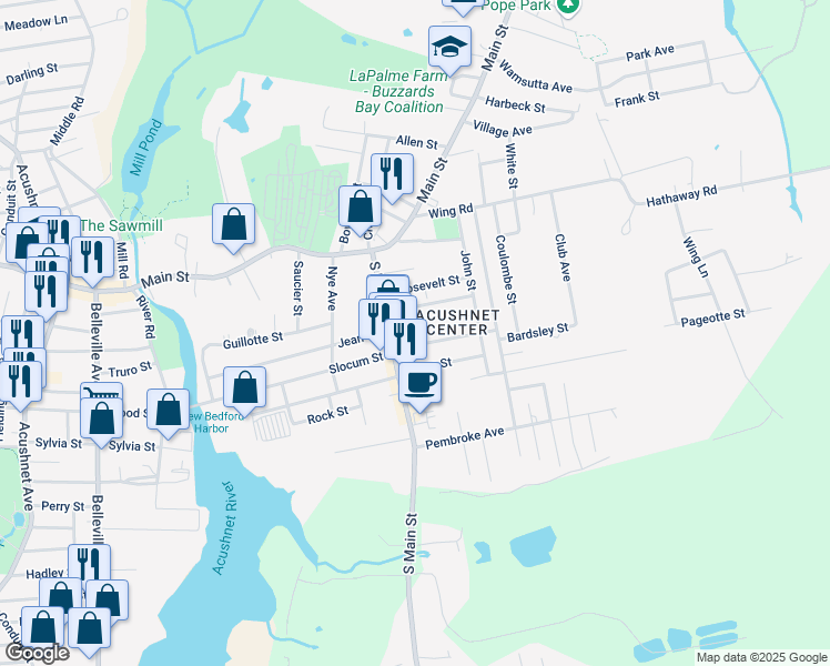 map of restaurants, bars, coffee shops, grocery stores, and more near 3R Hayes Street in Acushnet