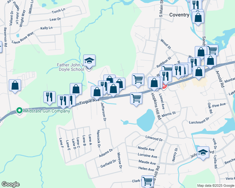 map of restaurants, bars, coffee shops, grocery stores, and more near 97 Bielers Lane in Coventry