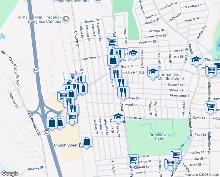map of restaurants, bars, coffee shops, grocery stores, and more near 14 Lawrence Street in New Bedford