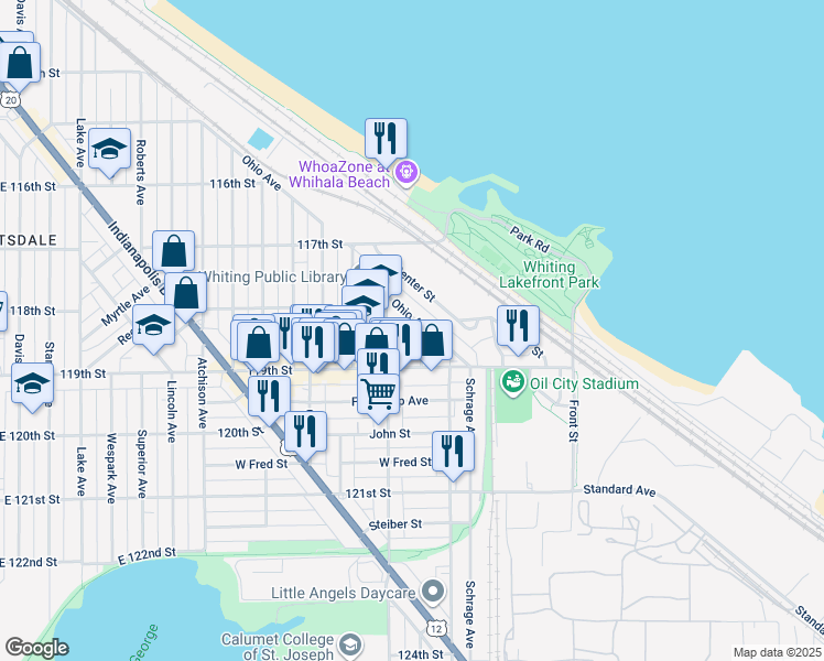 map of restaurants, bars, coffee shops, grocery stores, and more near 1828 Pennsylvania Avenue in Whiting