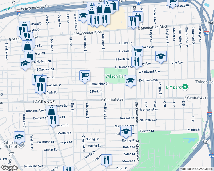 map of restaurants, bars, coffee shops, grocery stores, and more near 600 East Streicher Street in Toledo