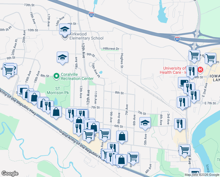 map of restaurants, bars, coffee shops, grocery stores, and more near 805 9th Avenue in Coralville