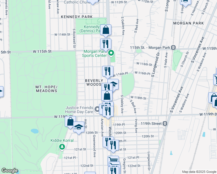 map of restaurants, bars, coffee shops, grocery stores, and more near 11712 South Western Avenue in Chicago
