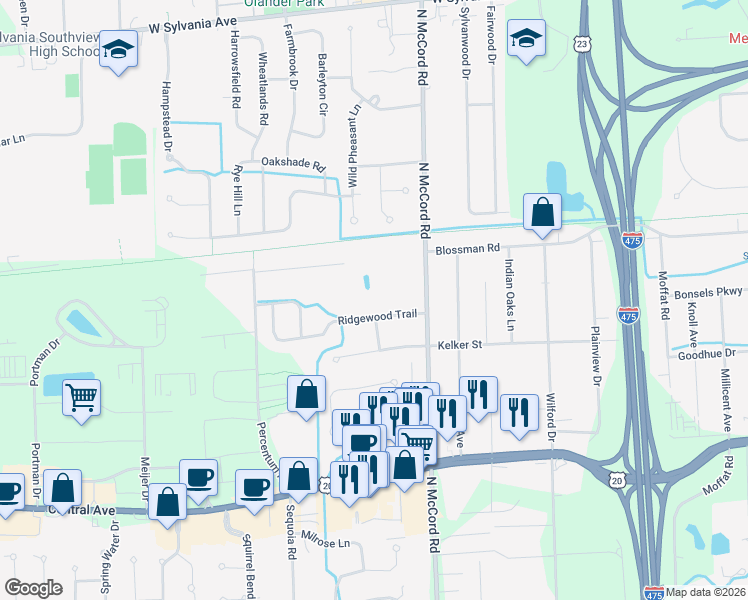map of restaurants, bars, coffee shops, grocery stores, and more near 6834 Ridgewood Trail in Toledo