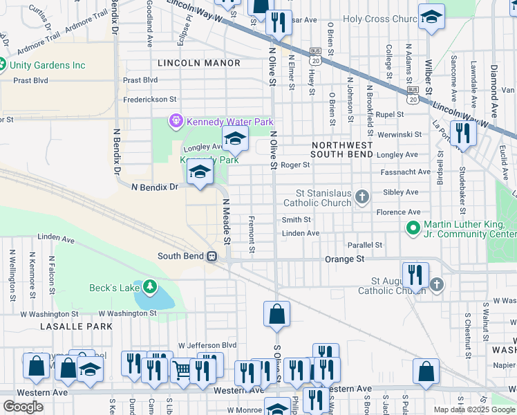 map of restaurants, bars, coffee shops, grocery stores, and more near 2422 Kenwood Avenue in South Bend