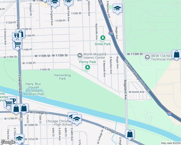 map of restaurants, bars, coffee shops, grocery stores, and more near 6616 West Home Avenue in Worth
