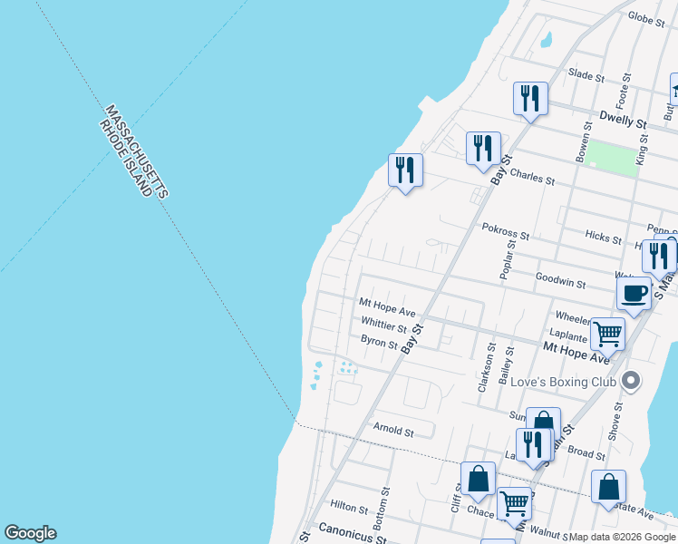 map of restaurants, bars, coffee shops, grocery stores, and more near 3 Kempton Street in Fall River