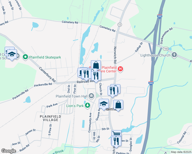map of restaurants, bars, coffee shops, grocery stores, and more near 12-14 Railroad Avenue in Plainfield