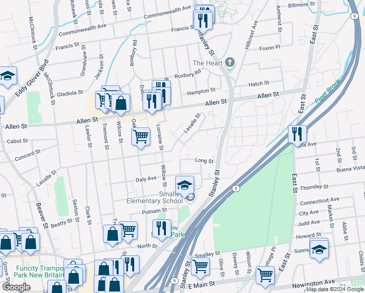 map of restaurants, bars, coffee shops, grocery stores, and more near 353 Lasalle Street in New Britain