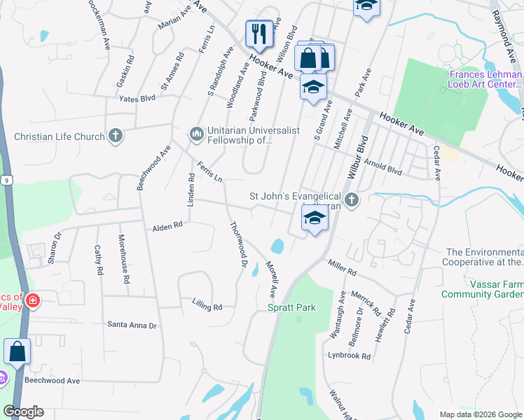 map of restaurants, bars, coffee shops, grocery stores, and more near 28 Wilmot Terrace in Poughkeepsie