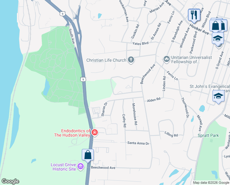 map of restaurants, bars, coffee shops, grocery stores, and more near 11 Maple Grove in Poughkeepsie