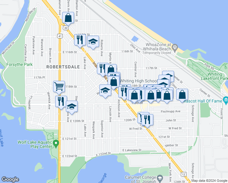 map of restaurants, bars, coffee shops, grocery stores, and more near 1828 Indianapolis Boulevard in Whiting