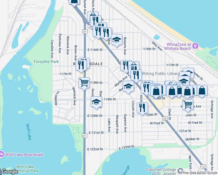 map of restaurants, bars, coffee shops, grocery stores, and more near 1816 Lake Avenue in Whiting