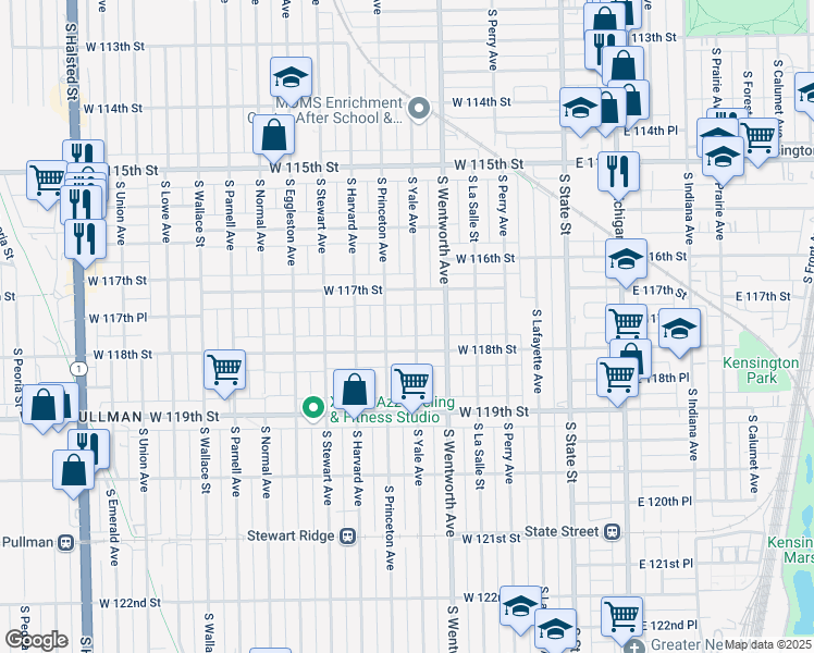 map of restaurants, bars, coffee shops, grocery stores, and more near 11737 South Yale Avenue in Chicago