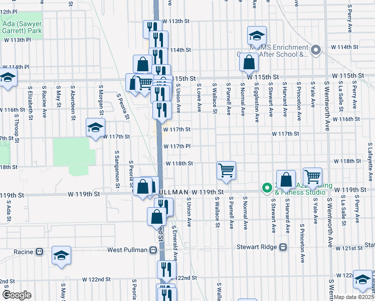 map of restaurants, bars, coffee shops, grocery stores, and more near 11750 South Lowe Avenue in Chicago