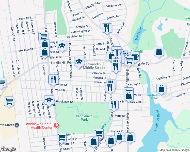 map of restaurants, bars, coffee shops, grocery stores, and more near 239 Harwich Street in New Bedford