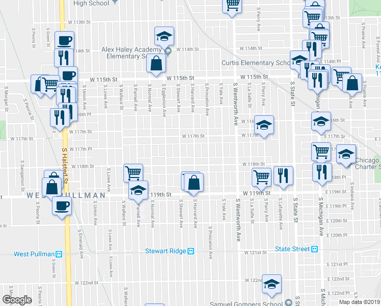 map of restaurants, bars, coffee shops, grocery stores, and more near 11734 South Harvard Avenue in Chicago