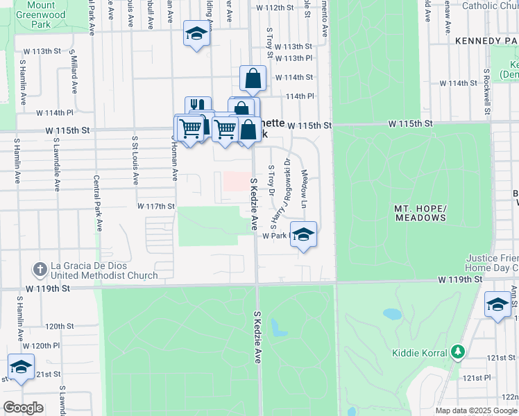 map of restaurants, bars, coffee shops, grocery stores, and more near 11705 Kedzie Avenue in Merrionette Park