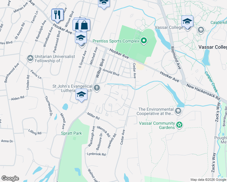 map of restaurants, bars, coffee shops, grocery stores, and more near 4001 Fox Lane in Poughkeepsie