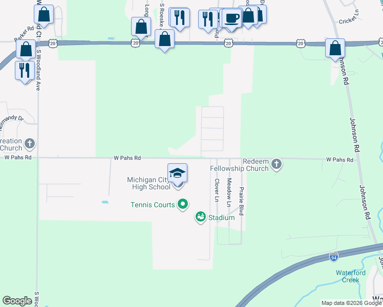 map of restaurants, bars, coffee shops, grocery stores, and more near 8315 West Pahs Road in Michigan City