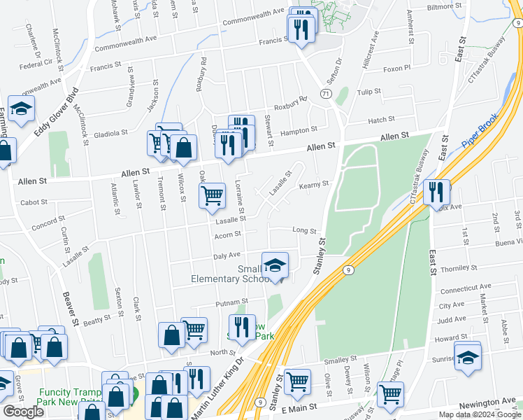 map of restaurants, bars, coffee shops, grocery stores, and more near 353 Lasalle Street in New Britain
