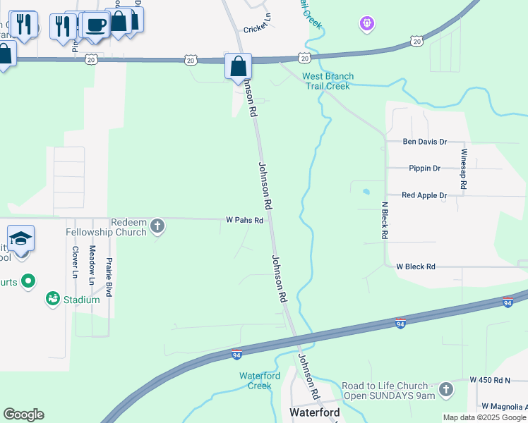 map of restaurants, bars, coffee shops, grocery stores, and more near 5052 Johnson Road in Michigan City