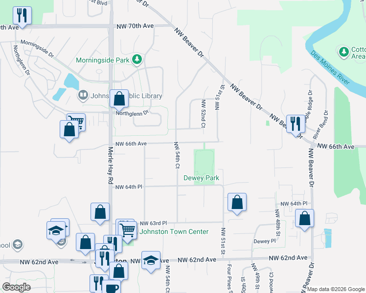 map of restaurants, bars, coffee shops, grocery stores, and more near 5378 Northwest 66th Avenue in Johnston