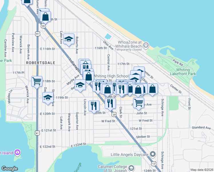 map of restaurants, bars, coffee shops, grocery stores, and more near 1814 Central Avenue in Whiting