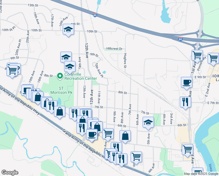 map of restaurants, bars, coffee shops, grocery stores, and more near 803 10th Avenue in Coralville