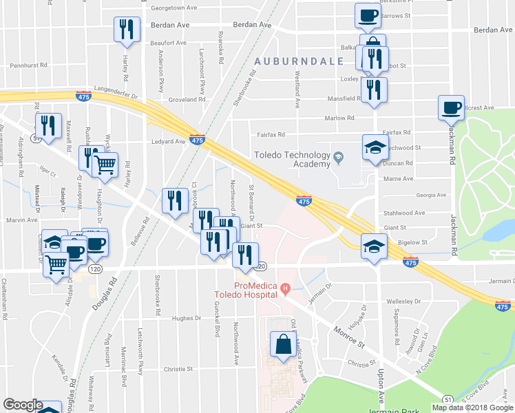 map of restaurants, bars, coffee shops, grocery stores, and more near 3230 Saint Bernard Drive in Toledo