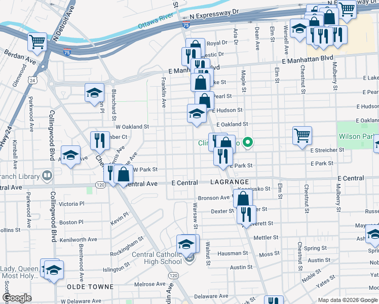map of restaurants, bars, coffee shops, grocery stores, and more near 3201 Warsaw Street in Toledo