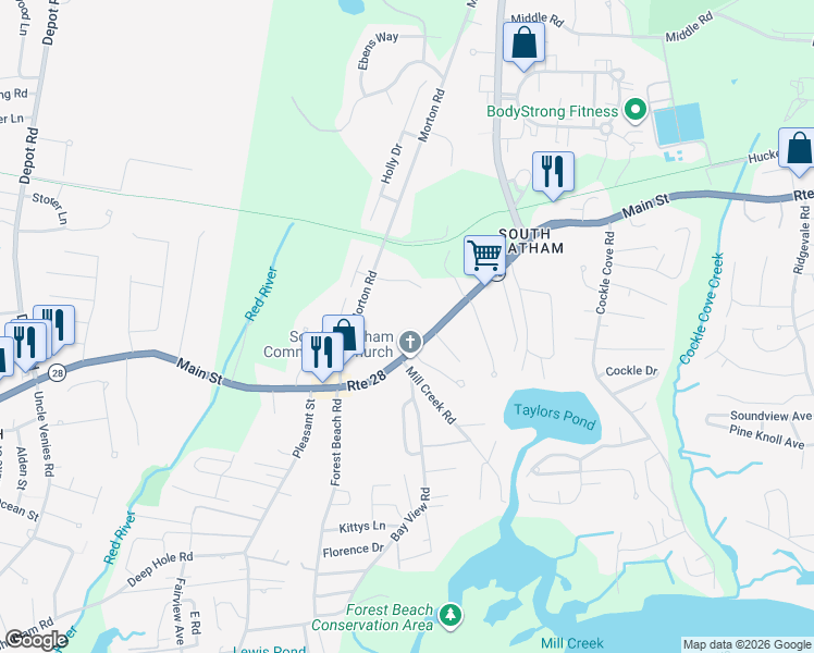 map of restaurants, bars, coffee shops, grocery stores, and more near 2550 Main Street in Chatham