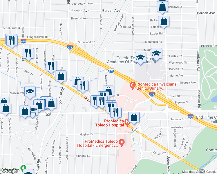 map of restaurants, bars, coffee shops, grocery stores, and more near 3232 Northwood Ave in Toledo