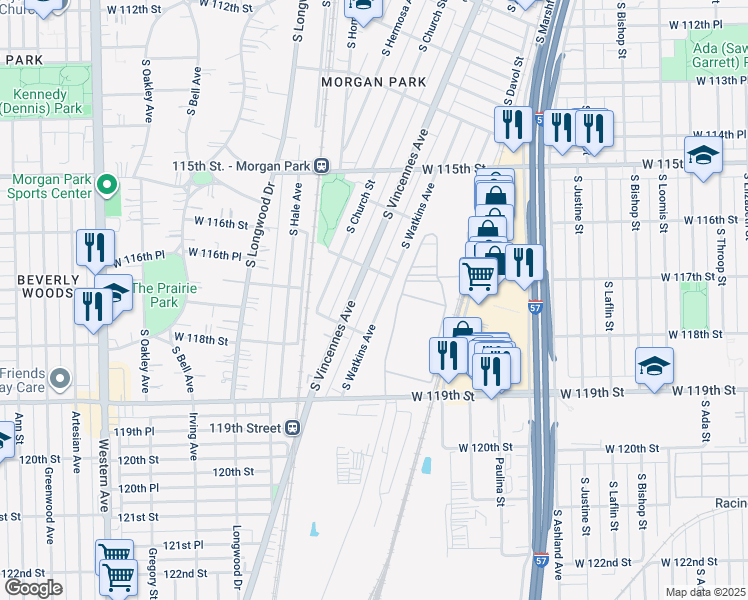 map of restaurants, bars, coffee shops, grocery stores, and more near 11726 South Watkins Avenue in Chicago