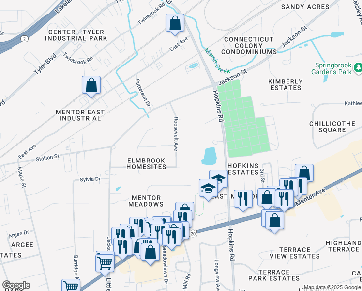 map of restaurants, bars, coffee shops, grocery stores, and more near 6993 Roosevelt Avenue in Mentor