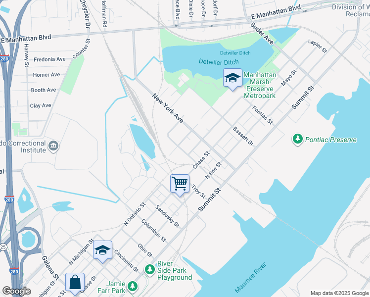map of restaurants, bars, coffee shops, grocery stores, and more near 614 Albany Street in Toledo